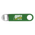 A green bottle opener with a stainless steel cap lifter and a logo printed on its handle.