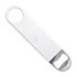 A drink bottle opener in white plastic with a stainless steel opening end. Features branding on the design.