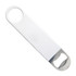 A drink bottle opener in white with a metal bottle cap remover, featuring a circular handle.