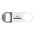 A drink bottle opener featuring a stainless steel end and a white vinyl body, with a logo on one side.