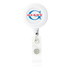 A round white badge holder featuring a visible logo, with a retractable clear strap for attaching badges.
