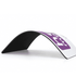 A curved mouse mat with a white top and a black base, featuring a logo on the surface.