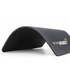 A black mouse mat with a contoured edge, featuring a logo on one side, made from EVA sponge material.