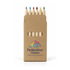A pack of eight coloured pencils in a cardboard box with a logo. Includes red, blue, yellow, and other colours.