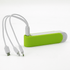 A green and white Slider Power Bank with integrated cables for charging devices.