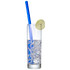 A drink bottle filled with ice and a blue reusable silicone straw, garnished with a slice of lime.