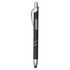 A black metal pen with silver accents and a clip. Features a sleek design and a logo.