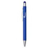 A blue metal pen featuring a sleek design and a clip, with a branding logo on the barrel.