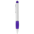 A silver metal pen with a purple grip and top, featuring a clip and a logo.