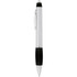 A silver and black metal pen with a smooth finish and a clip for easy attachment. Features branding on the barrel.