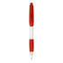 A plastic pen with a transparent barrel and a red grip and top. It has a logo on its side.