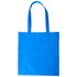 A blue shopping tote bag with v gusset and two handles, featuring a logo on one side.
