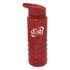 A drink bottle in red Tritan material with a screw-on lid and a logo.