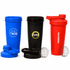 Three protein shaker cups in blue, black, and red, each with a lid and a mixing whisk inside. Each has a logo.