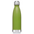 A drink bottle in a matte green finish with a stainless steel top and base, featuring a logo.