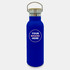A drink bottle in vibrant blue with a silver opening and a wooden lid, featuring space for branding.