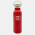 A drink bottle in vibrant red with a stainless steel top and wooden handle, featuring a logo on the front.