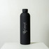 A drink bottle in matte black with a logo on the side, featuring a sleek design and a 750ml capacity.