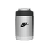 A stainless steel stubby cooler with a black top and a logo. Suitable for holding cans.