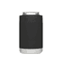 A black stubby cooler with a stainless steel base, designed to hold drink cans securely.