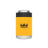 A stubby cooler in bright yellow with a black band and a logo featuring trees and a tent.