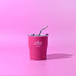 A drink bottle in vibrant pink with a clear lid and straw, featuring a logo on the front.