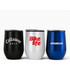 A drink bottle set featuring three insulated mugs in black, white, and blue, each with a logo.