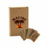 A deck of eco-friendly playing cards in brown packaging with a logo, showcasing several cards with colourful designs.