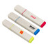 Three eco-friendly highlighters in various colours: pink, blue, yellow, and grey with branding logos.