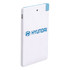 A white ultra slim power bank with a blue corner and a logo on the surface.