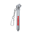 A silver key chain tyre gauge with a chain attachment and a branded logo.