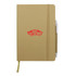 A tan A5 notebook with a logo and an attached pen. It features an elastic band and a ribbon bookmark.