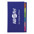 A blue adhesive note marker strip book featuring assorted sticky note colours in pink, green, yellow, and blue. It has a logo.