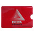 A red RFID credit card protector sleeve featuring a logo and a triangular design. A red RFID credit card protector sleeve featuring a logo and a triangular design.
