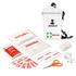 A waterproof white first aid kit containing various medical supplies, plasters, bandages, scissors, and safety pins.