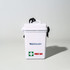 A waterproof white first aid kit with a black handle and logo, featuring a red cross symbol on the front.
