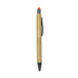 A bamboo pen with an orange stylus tip and a black barrel. It features a clip and has a logo.