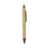 A bamboo pen featuring a green stylus tip and a black barrel, with a clip and a logo on the side.