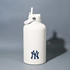 A drink bottle in white with a secure lid and a logo on the front, featuring a navy blue design.