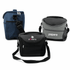 Three cooler bags in navy blue, black, and grey, each with adjustable straps and logos on the front.