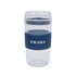 A reusable coffee cup in clear plastic with a navy silicone band and branding.