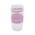 A reusable coffee cup in clear and pink, featuring a silicone band and a lid, with a logo on the side.
