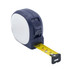 A navy blue tape measure with a yellow measuring tape extended from it, featuring a logo on the body.