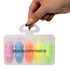 A set of four highlighters in pink, orange, blue, and green, packaged in a clear case with a handle.