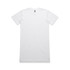 An oversized white T-shirt displayed flat, featuring a round neckline and short sleeves. It has a logo at the neck.