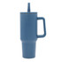 A drink bottle with a blue finish, featuring a handle, straw, and a logo. Ideal for hydration on the go.