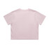 A pale pink cropped t-shirt with short sleeves and a plain back, featuring a logo.