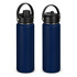 A drink bottle in navy blue with a black cap and handle, featuring a logo on the side.