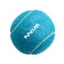 A blue pet tennis ball with white stripes and a logo displayed on it.