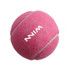 A pink tennis ball with white stripes and a logo, designed for pets.